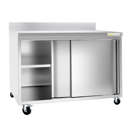 Meuble bas inox 1400 x 600 mm adossé sur roulettes PREMIUM / GOLDINOX