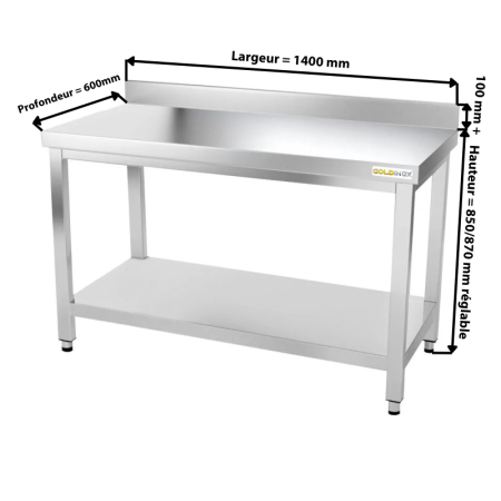 Table de travail en inox 1400 x 600 mm adossée PREMIUM / GOLDINOX