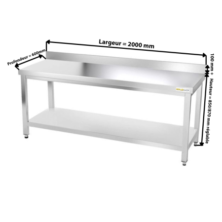 Table de travail en inox 2000 x 600 mm adossée IDEAL / GOLDINOX