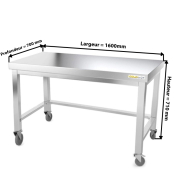 Table inox soubassement 1600 x 700 mm avec renfort sur roulettes / GOLDINOX