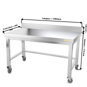 Table inox soubassement 1400 x 800 mm adossée avec renfort sur roulettes / GOLDINOX 