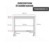 Table inox 800 x 600 mm avec renfort sur roulettes / GOLDINOX