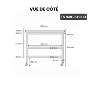 Table inox 700 x 600 mm avec 2 étagères sur roulettes / GOLDINOX