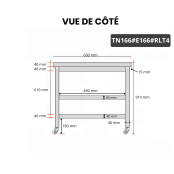 Table inox 1600 x 600 mm avec 2 étagères sur roulettes / GOLDINOX
