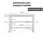 Table inox 2000 x 600 mm avec 2 étagères sur roulettes / GOLDINOX