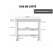 Table inox 2000 x 600 mm avec 2 étagères sur roulettes / GOLDINOX