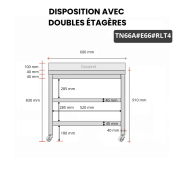 Table inox 600 x 600 mm adossée avec 2 étagères sur roulettes PREMIUM / GOLDINOX
