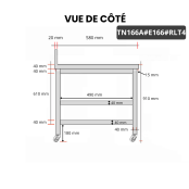 Table inox 1600 x 600 mm adossée avec 2 étagères sur roulettes / GOLDINOX