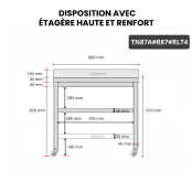 Table inox 800 x 700 mm adossée avec renfort sur roulettes / GOLDINOX