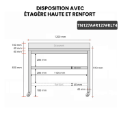 Table inox 1200 x 700 mm adossée avec renfort sur roulettes / GOLDINOX