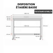 Table inox 1400 x 700 mm adossée avec renfort sur roulettes / GOLDINOX