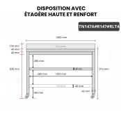 Table inox 1400 x 700 mm adossée avec renfort sur roulettes / GOLDINOX