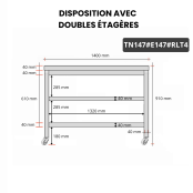 Table inox 1400 x 700 mm avec 2 étagères sur roulettes / GOLDINOX