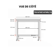 Table inox 1400 x 700 mm avec 2 étagères sur roulettes / GOLDINOX