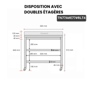 Table inox 700 x 700 mm adossée avec 2 étagères sur roulettes / GOLDINOX