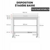 Table inox 1000 x 700 mm adossée avec 2 étagères sur roulettes / GOLDINOX