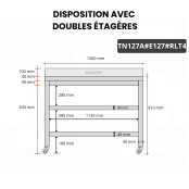 Table inox 1200 x 700 mm adossée avec 2 étagères sur roulettes / GOLDINOX