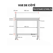 Table inox 1200 x 700 mm adossée avec 2 étagères sur roulettes / GOLDINOX