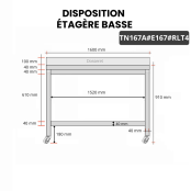 Table inox 1600 x 700 mm adossée avec 2 étagères sur roulettes / GOLDINOX