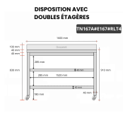 Table inox 1600 x 700 mm adossée avec 2 étagères sur roulettes / GOLDINOX