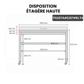 Table inox 2000 x 700 mm adossée avec 2 étagères sur roulettes / GOLDINOX