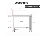 Table inox 2000 x 700 mm adossée avec 2 étagères sur roulettes / GOLDINOX