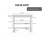Table inox 2000 x 500 mm avec 2 étagères sur roulettes / GOLDINOX