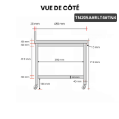 Table inox soubassement 2000 x 500 mm adossée sur roulettes / GOLDINOX
