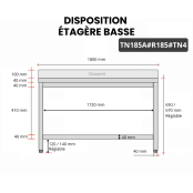 Table inox soubassement 1800 x 500 mm adossée avec renfort / GOLDINOX