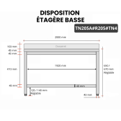 Table inox soubassement 2000 x 500 mm adossée avec renfort / GOLDINOX