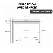 Table inox soubassement 1200 x 500 mm adossée avec renfort sur roulettes / GOLDINOX