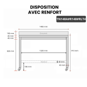 Table inox 1400 x 800 mm adossée avec renfort sur roulettes / GOLDINOX