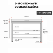 Table inox 1400 x 800 mm adossée avec 2 étagères / GOLDINOX