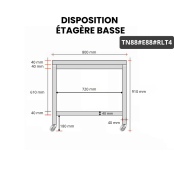 Table inox 800 x 800 mm avec 2 étagères sur roulettes / GOLDINOX