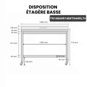 Table inox soubassement 1400 x 800 mm adossée avec renfort sur roulettes / GOLDINOX 
