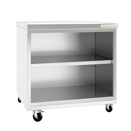 Meuble bas inox ouvert 800 x 600 mm sur roulettes PREMIUM / GOLDINOX
