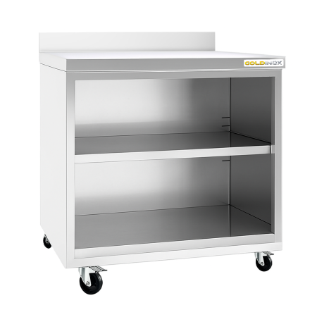 Meuble bas inox ouvert 800 x 600 mm adossé sur roulettes PREMIUM / GOLDINOX