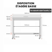 Table inox soubassement 1600 x 800 mm adossée avec renfort sur roulettes / GOLDINOX 