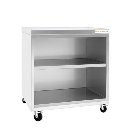 Meuble bas inox ouvert 600 x 700 mm sur roulettes PREMIUM / GOLDINOX