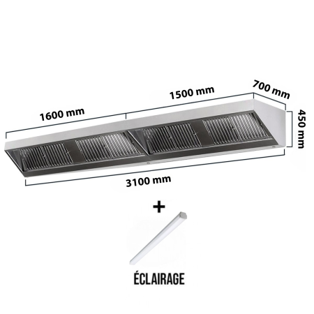 Hotte murale sans moteur 3100x700x450 mm avec éclairage, filtre et robinet de vidange PREMIUM / GOLDINOX