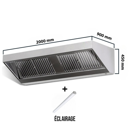 Hotte murale sans moteur 2000x900x450 mm avec éclairage, filtre et robinet de vidange PREMIUM / GOLDINOX