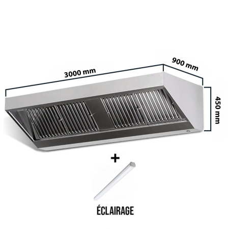 Hotte murale sans moteur 3000x900x450 mm avec éclairage, filtre et robinet de vidange PREMIUM / GOLDINOX