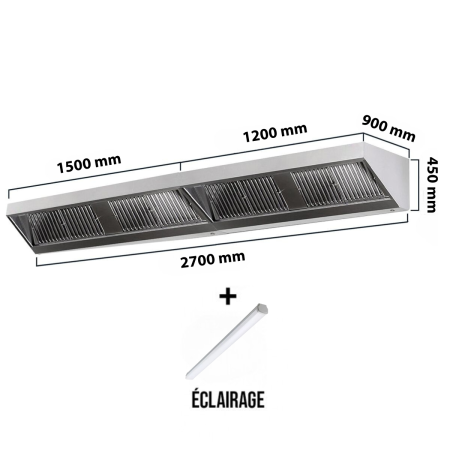 Hotte murale sans moteur 2600x900x450 mm avec éclairage, filtre et robinet de vidange PREMIUM / GOLDINOX