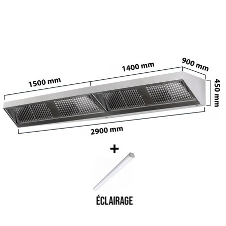 Hotte murale sans moteur 2900x900x450 mm avec éclairage, filtre et robinet de vidange PREMIUM / GOLDINOX