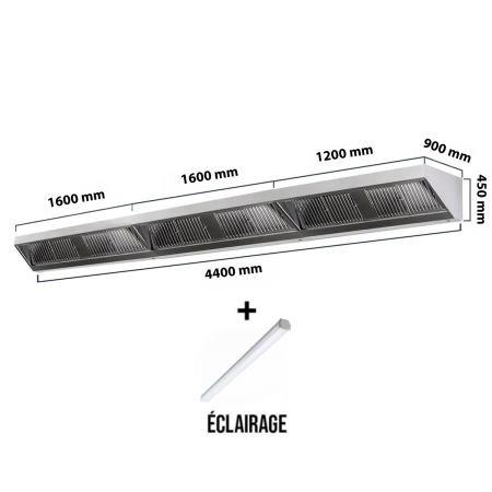 Hotte murale sans moteur 4400x900x450 mm avec éclairage, filtre et robinet de vidange PREMIUM / GOLDINOX