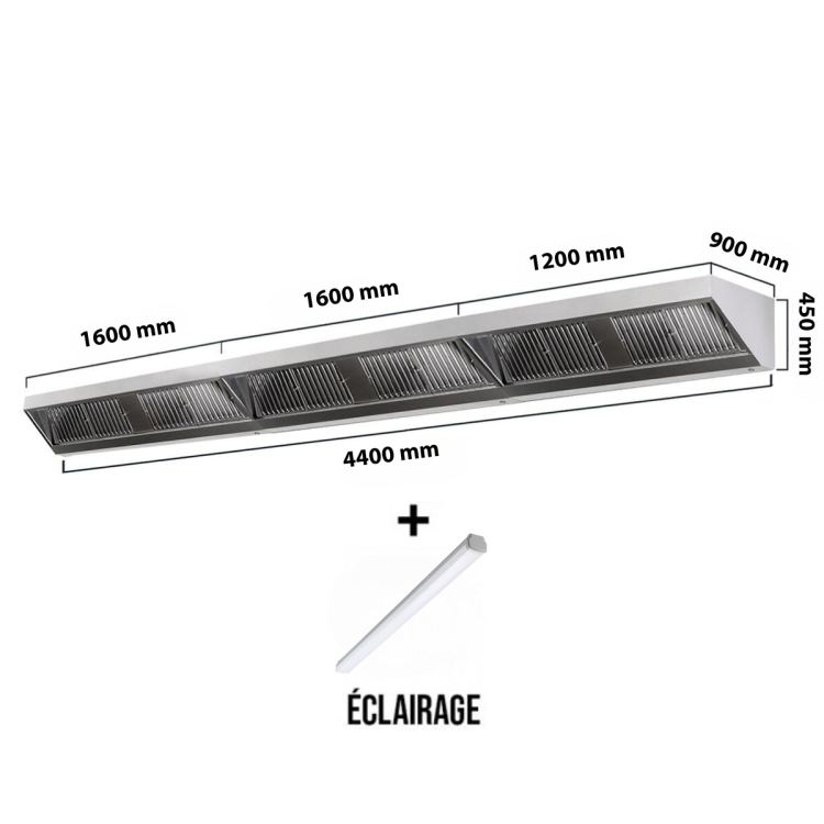 Hotte murale sans moteur 4400x900x450 mm avec éclairage, filtre et robinet de vidange PREMIUM / GOLDINOX