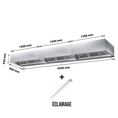 Hotte caisson sans moteur 4500x900x450 mm avec éclairage, filtre et robinet de vidange PREMIUM / GOLDINOX