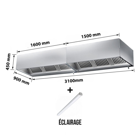 Hotte caisson sans moteur 3100x900x450 mm avec éclairage, filtre et robinet de vidange PREMIUM / GOLDINOX