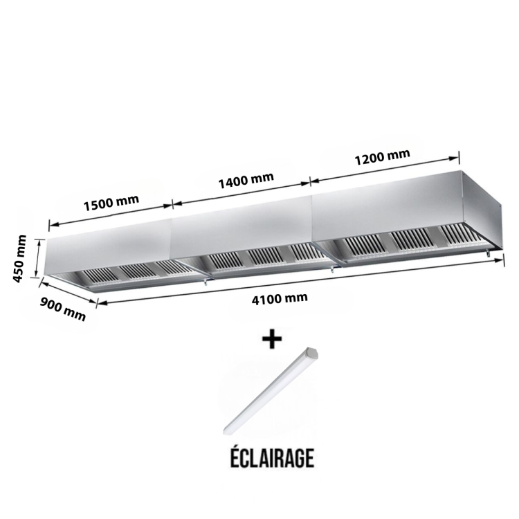 Hotte caisson sans moteur 4100x900x450 mm avec éclairage, filtre et robinet de vidange PREMIUM / GOLDINOX