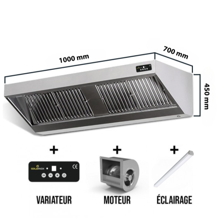Hotte murale avec moteur 1000x700x450 mm avec variateur, éclairage, filtre et robinet de vidange PREMIUM / GOLDINOX